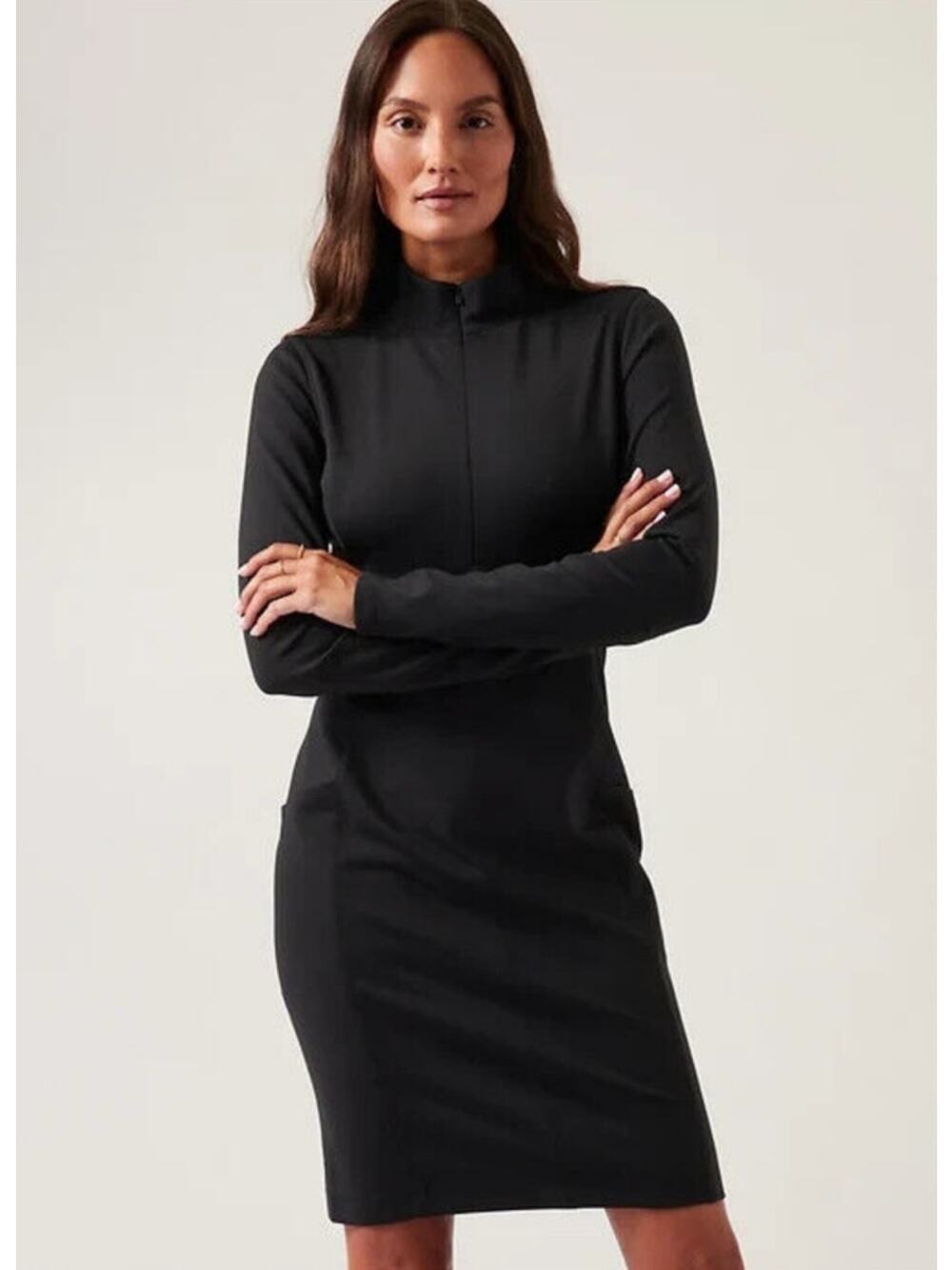 Athleta Sweater Dress Medium Black Quarter Zip Bodycon Sporty Office Preppy